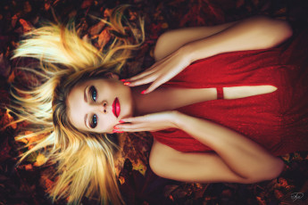 Картинка девушки -unsort+ блондинки прическа на земле девушка платье осень в красном руки лежит взгляд лицо блондинка листья макияж