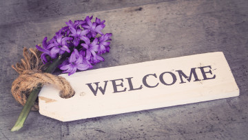 Картинка цветы гиацинты ретро доска серый фиолетовые фон сиреневые табличка веточка веревочка добро пожаловать надпись