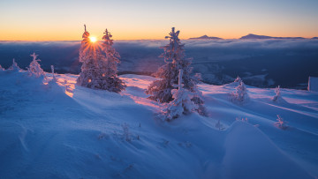 Картинка природа зима сугробы облака снег небо пейзаж сказка лучи вечер закат холмы солнце чудесно ёлки красота ветки лес тени горы сказочно ели ёлочки