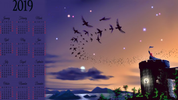 Картинка календари фэнтези камень человек calendar водоем башня птица