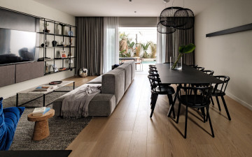 Картинка интерьер гостиная стильный дизайн черный длинный стол идея гостиной загородный дом современный