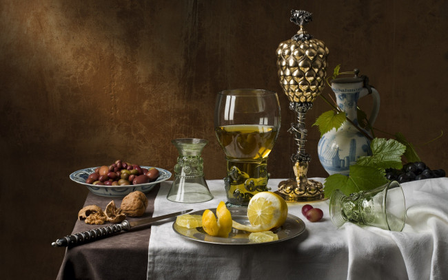 Обои картинки фото еда, натюрморт, маслины, лимон, орехи, вино