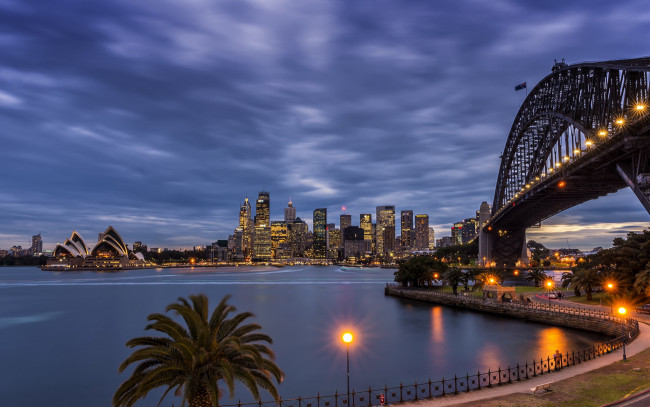 Обои картинки фото города, сидней , австралия, мост, вечер, огни
