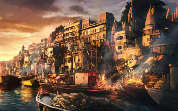 Картинка фэнтези иные миры времена лодки огонь пожар город дома