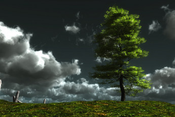 Картинка almost dark 3д графика nature landscape природа пригорок дерево облака