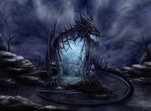 Картинка фэнтези драконы скалы камни дым портал кости дракон арт