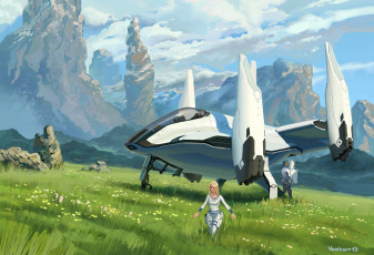 Картинка фэнтези транспортные+средства будущее люди поляна скалы летательный аппарат
