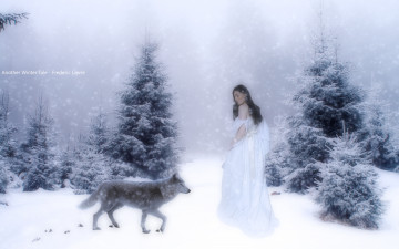 Картинка разное компьютерный+дизайн взгляд девушка лес снег волк