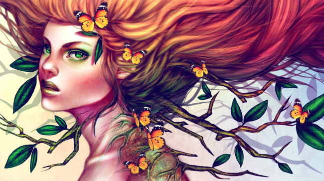 Обои картинки фото фэнтези, существа, зеленые, глаза, взгляд, девушка, арт, бабочки, листья, рыжая, волосы, ветки
