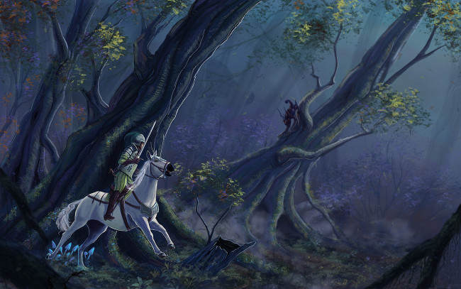 Обои картинки фото фэнтези, люди, лес, рыцарь, всадник, лошадь, белая, меч, существо
