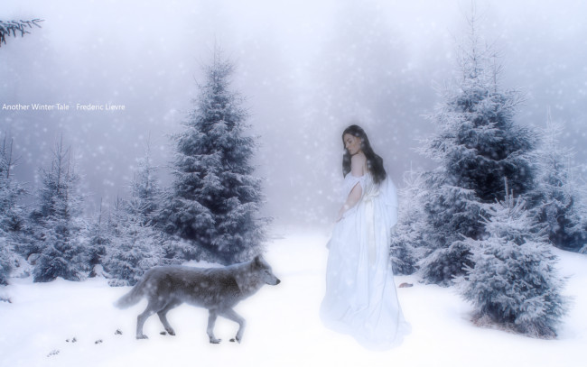 Обои картинки фото разное, компьютерный дизайн, взгляд, девушка, лес, снег, волк