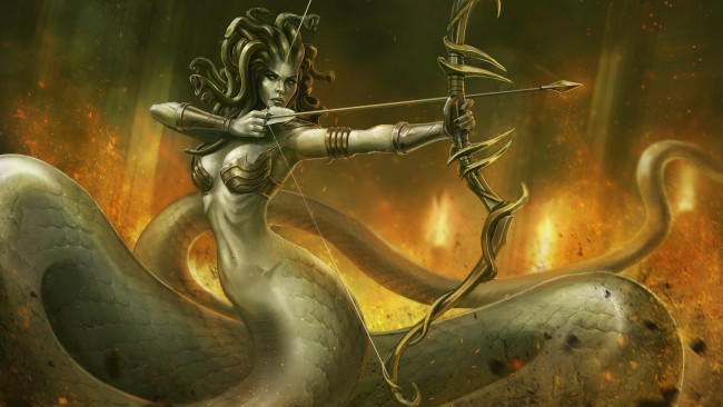 Обои картинки фото фэнтези, существа, medusa, gorgona, женщина, лук, стрелы, арт, грудь, змеи, хвост