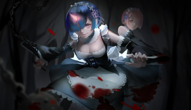 Обои картинки фото аниме, re,  zero kara hajimeru isekai seikatsu, оружие, кровь, девушки, рем, рам