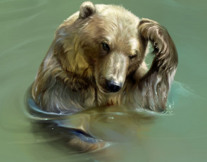 обоя рисованное, животные,  медведи, водоем