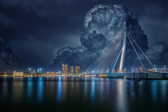 обоя города, - мосты, облака, мост, роттердам, город, нидерланды, вечер, дома, здания, река