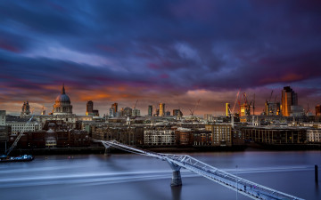 обоя города, лондон , великобритания, river, thames, london, millennium, bridge, sunset, st, paul's, cathedral