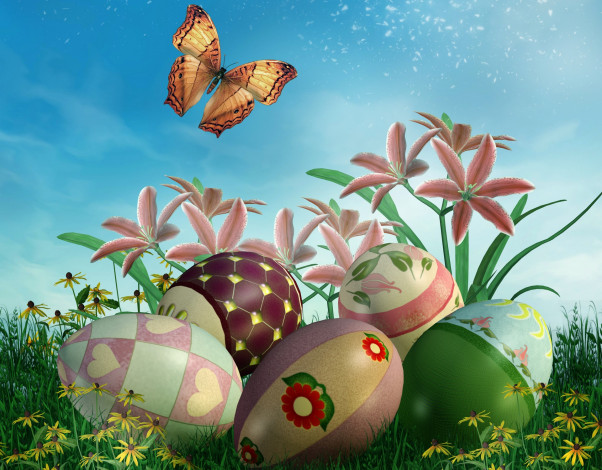 Обои картинки фото праздничные, пасха, цветы, яйца, бабочка