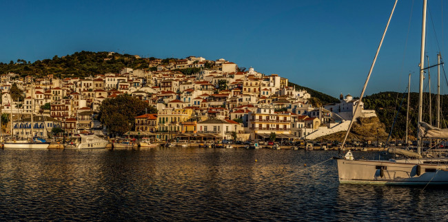 Обои картинки фото греция, города, - панорамы, деревья, здания, яхты, водоем