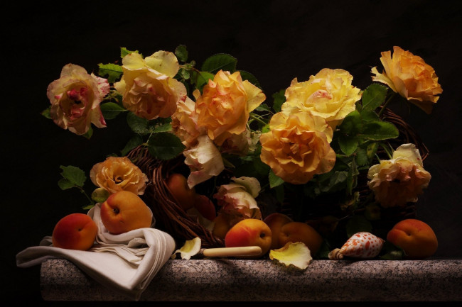 Обои картинки фото еда, натюрморт, ракушки, фрукты, абрикосы, розы, цветы, корзина
