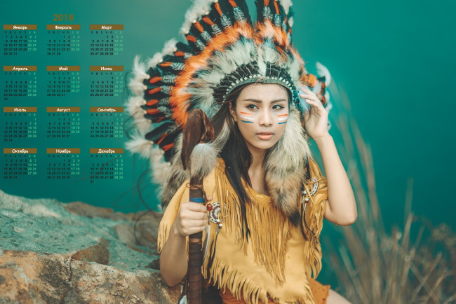 Обои картинки фото календари, девушки, индеец, перья