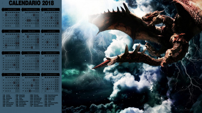 Обои картинки фото календари, фэнтези, дракон, молния, туча, облако