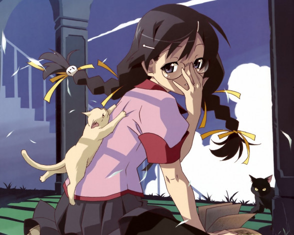 Обои картинки фото аниме, bakemonogatari, hanekawa tsubasa, девушка, кошки, животное, очки, форма, здание, лестница, косички, бант, лента