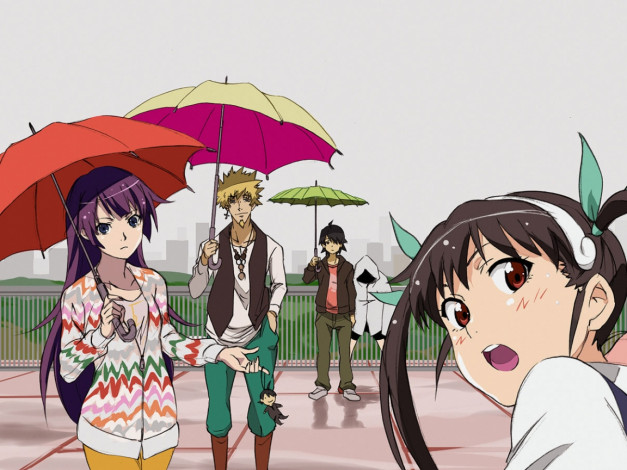 Обои картинки фото аниме, bakemonogatari, hachikuji mayoi, kanbaru suruga, oshino meme, senjougahara hitagi, araragi koyomi, улица, дождь, зонт, город, девушка, мужчина
