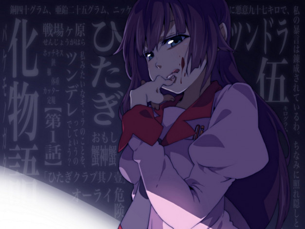 Обои картинки фото аниме, bakemonogatari, senjougahara hitagi, девушка, кровь, доска, надпись
