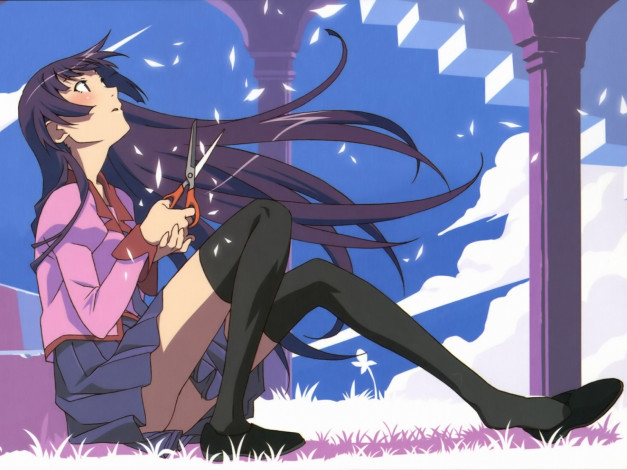 Обои картинки фото аниме, bakemonogatari, senjougahara hitagi, девушка, форма, ножницы, колонна, трава, небо