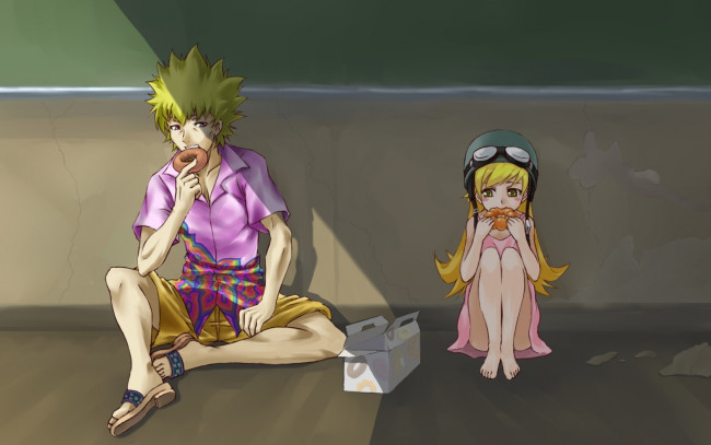 Обои картинки фото аниме, bakemonogatari, oshino shinobu, oshino meme, девушка, мужчина, помещение, доска, пончик, еда, шлем