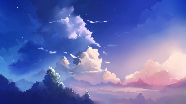 Обои картинки фото рисованные, природа, небо, облака, лес