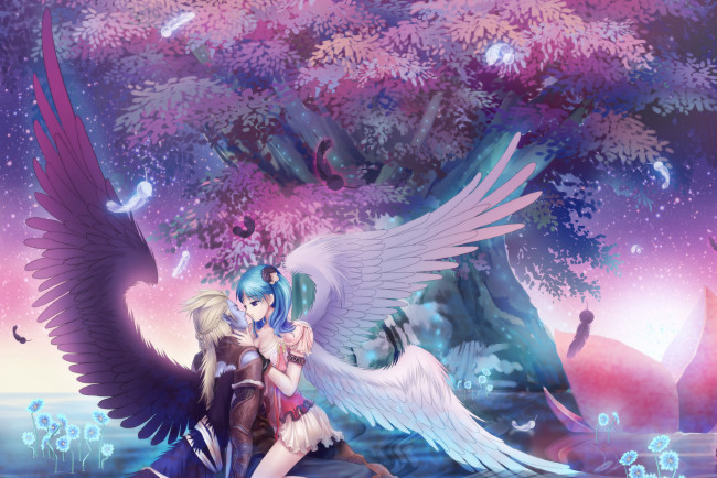 Обои картинки фото аниме, angels, demons, крылья, арт, парень, девушка, дерево, вода, отражение