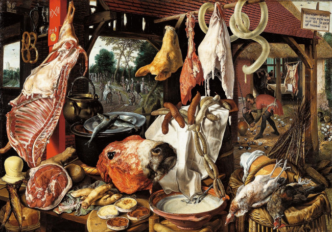 Обои картинки фото питер, артсен, мясная, лавка, рисованные, pieter, aertsen, колбаса, голова, курица, святое, семейство