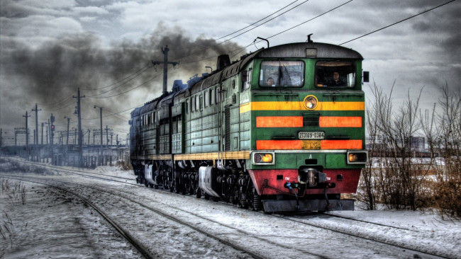 Обои картинки фото russian, diesel, train, in, winter, hdr, техника, локомотивы, дизельэлектровоз, локомотив