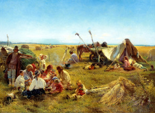 Картинка рисованное константин+маковский люди дети ситуация картина крестьянский обед в поле снопы костёр еда лошадь телега котелок