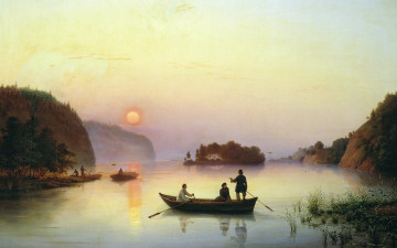 Картинка рисованное антон+иванов лодки озеро закат
