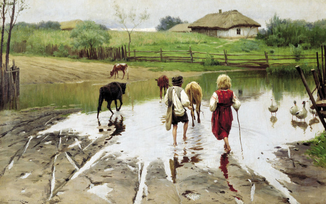 Обои картинки фото рисованное, николай пимоненко, дом, река, дети