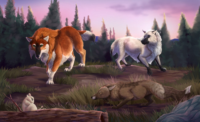 Обои картинки фото рисованное, животные, волки, лиса
