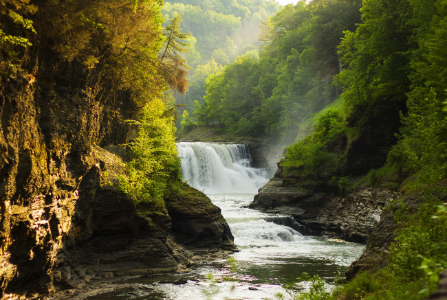 Обои картинки фото природа, водопады, лес, река