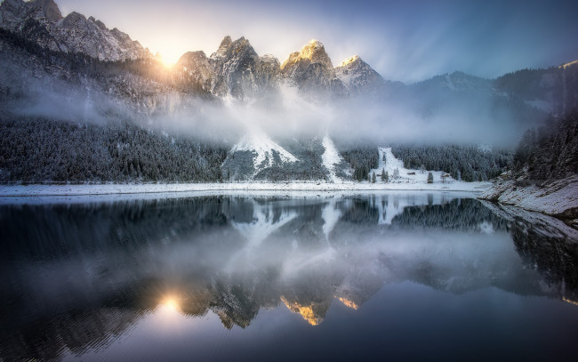 Обои картинки фото природа, горы, дымка, зима, пейзаж, красота