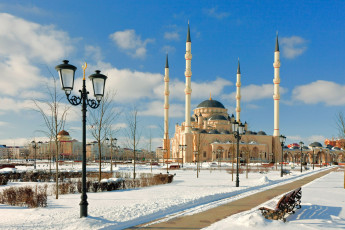 обоя грозный, Чечня, города, столицы, государств, зима, снег, фонари, мечеть