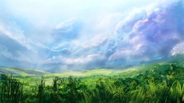Картинка рисованные природа луг облака трава