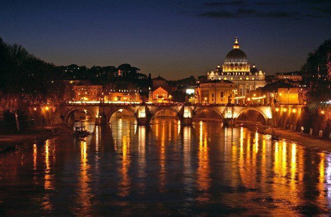 Обои картинки фото ватикан, города, рим, италия, река, мост, купол, ночь, огни