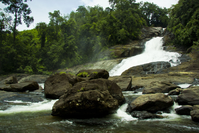 Обои картинки фото природа, водопады, деревья, река, камни
