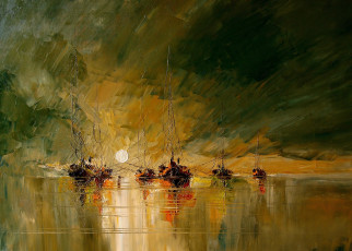 Картинка рисованные живопись море восход парусники