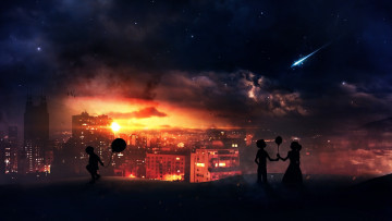 Картинка разное компьютерный дизайн ночь город дети комета