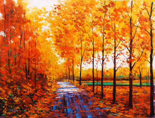 Обои картинки фото graham, gercken, рисованные, природа, дорожка, деревья, листья, желтые, осень