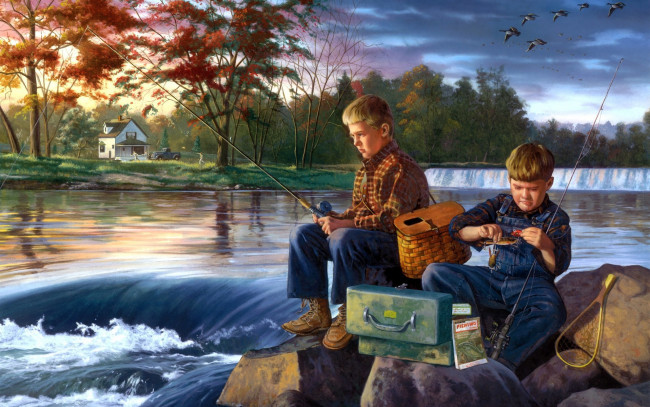 Обои картинки фото fishing, buddies, рисованные, charles, freitag, река, рыбалка