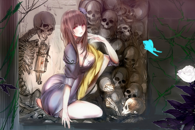 Обои картинки фото аниме, *unknown, другое, бабочка, скелет, девушка, фонарь