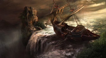 Картинка фэнтези корабли обрыв art на краю водопад корабль
